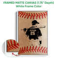White framed canvas baseball wall art with a close-up view of the textured print finish