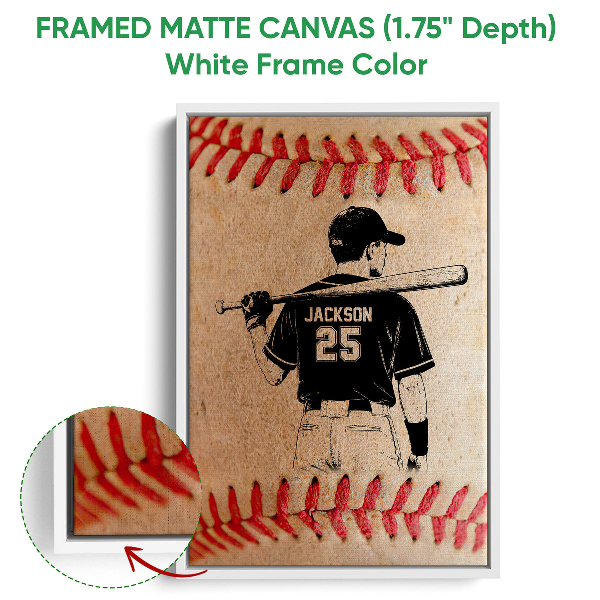 White framed canvas baseball wall art with a close-up view of the textured print finish