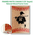 Natural wood framed baseball wall art with a close-up view of the canvas frame