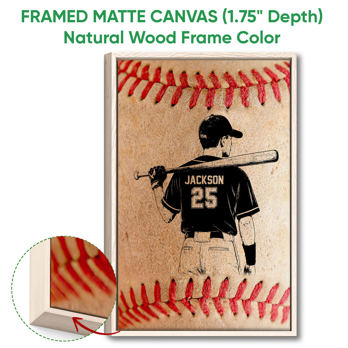 Natural wood framed baseball wall art with a close-up view of the canvas frame