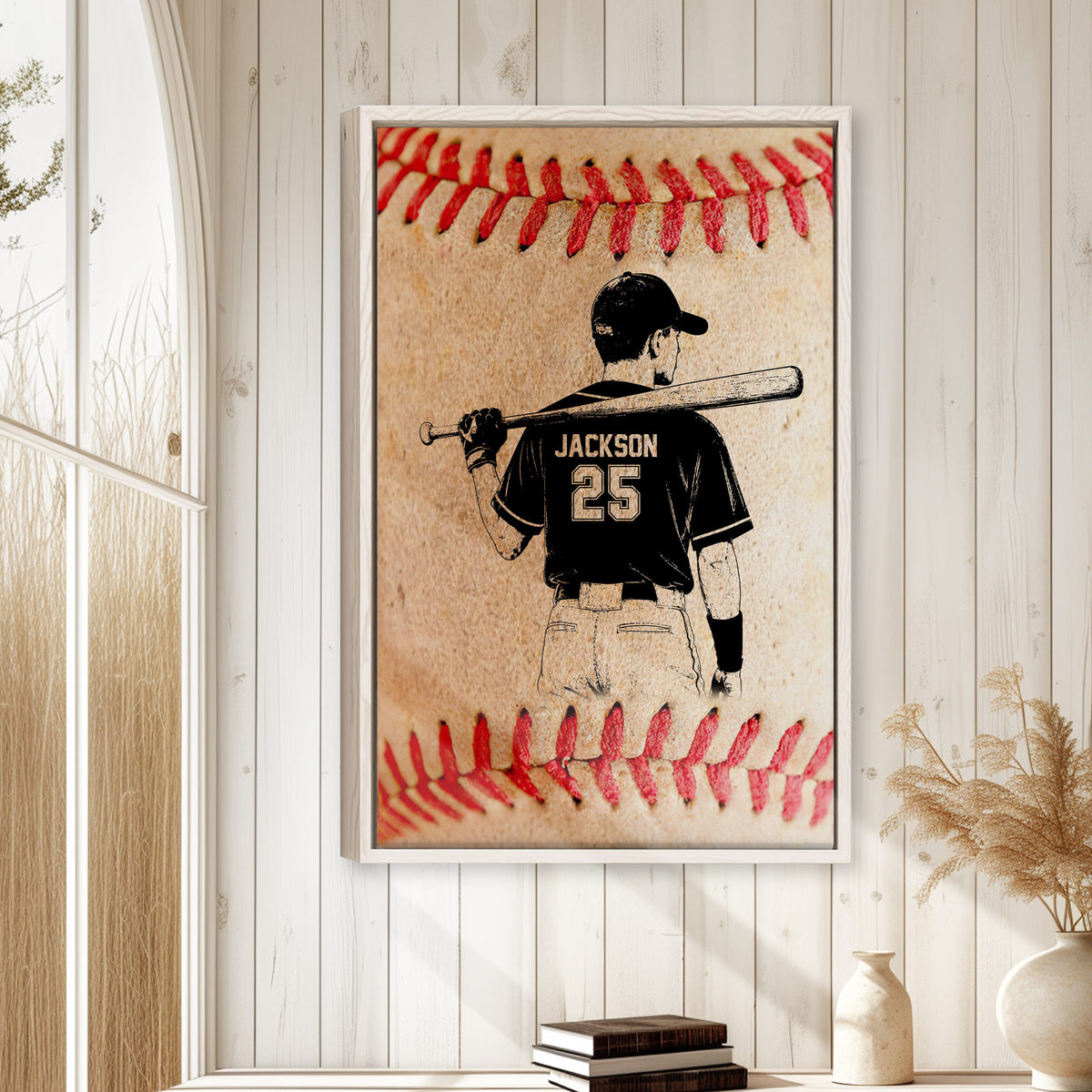 Baseball wall art displayed in a bright room with white paneled walls and natural decor