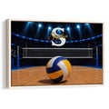 Framed volleyball wall art showing a volleyball on an illuminated indoor court