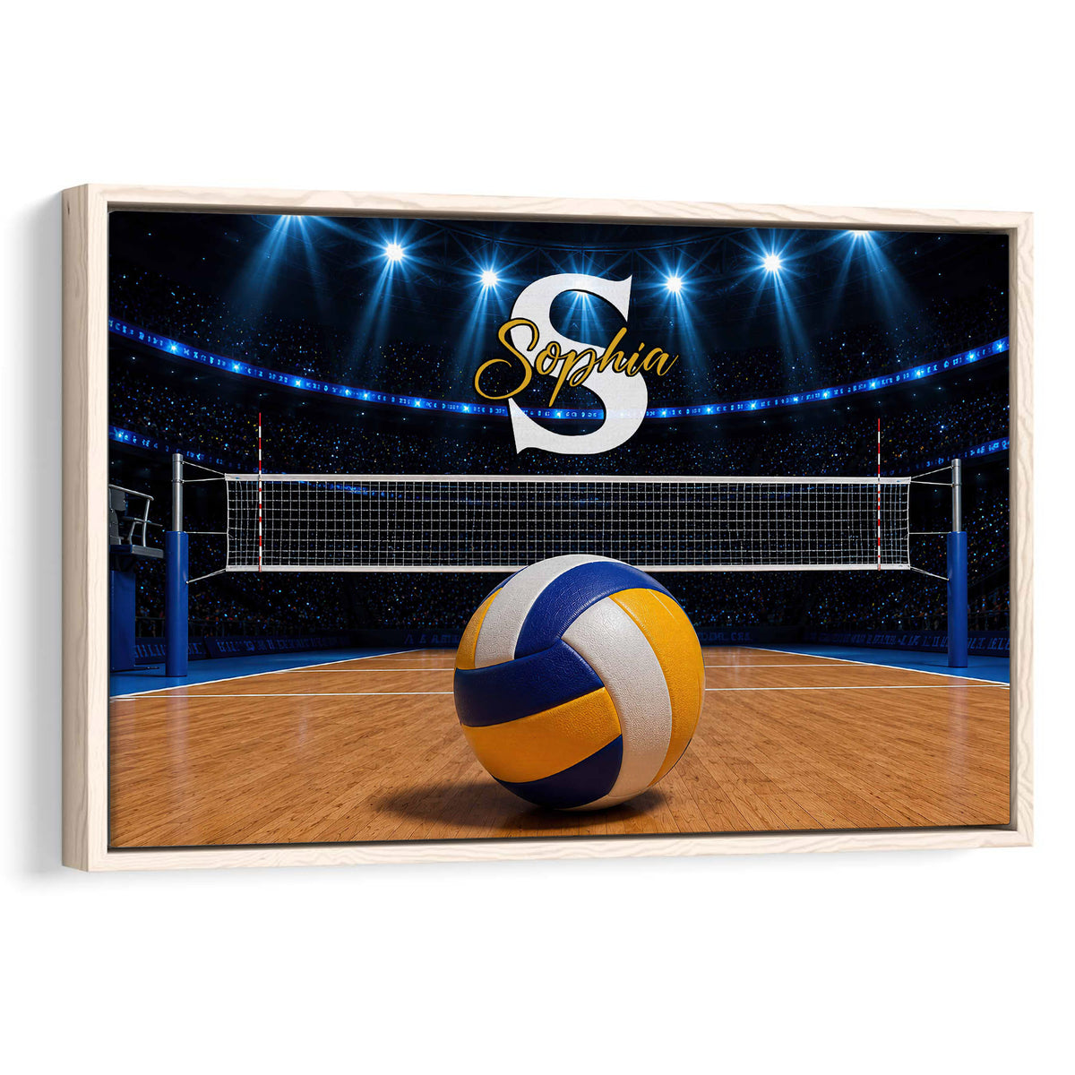 Framed volleyball wall art showing a volleyball on an illuminated indoor court