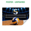 Unframed volleyball poster showing a volleyball and net under bright stadium lights