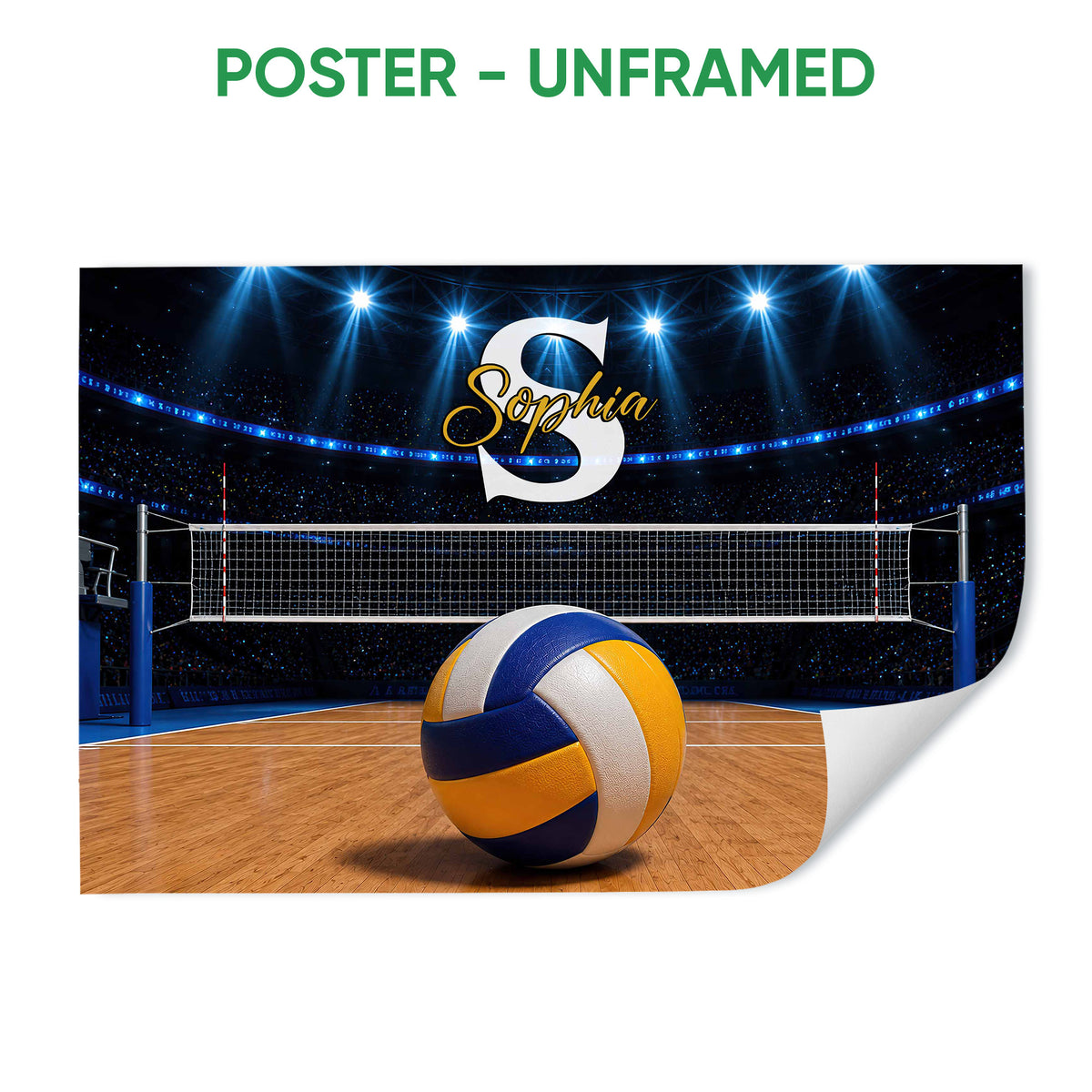 Unframed volleyball poster showing a volleyball and net under bright stadium lights