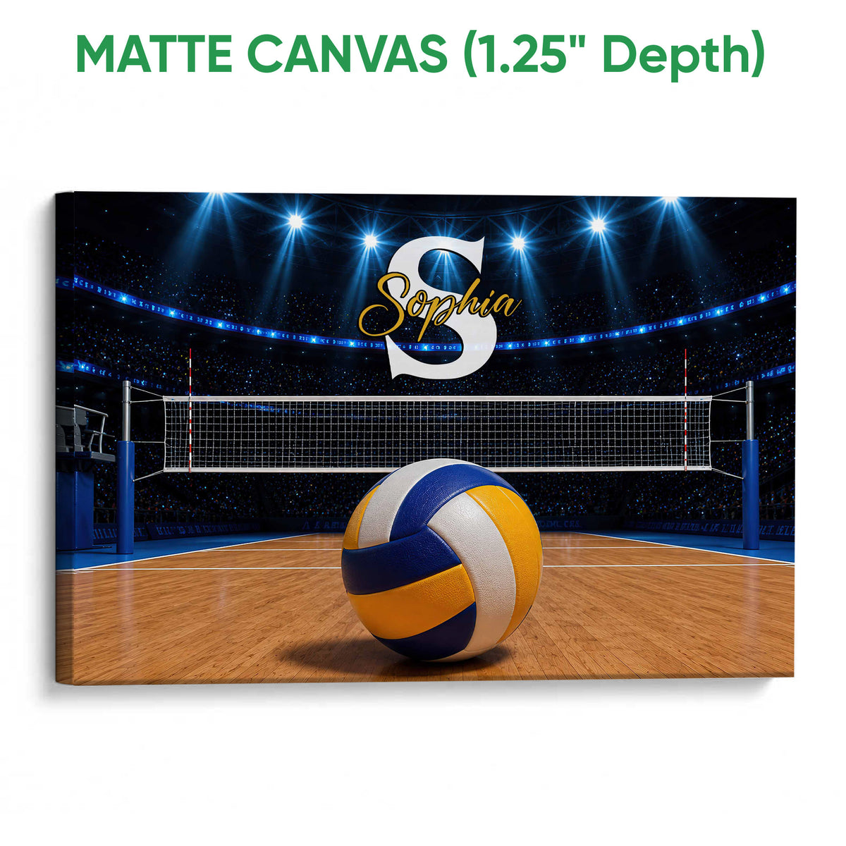 Matte canvas volleyball wall art featuring a ball on an indoor court