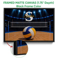Black framed canvas volleyball wall art with a close-up of the frame and court scene