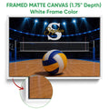 White framed canvas volleyball wall art with a detailed view of the frame edge