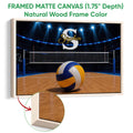 Natural wood framed volleyball wall art displayed with a close-up of the wood frame
