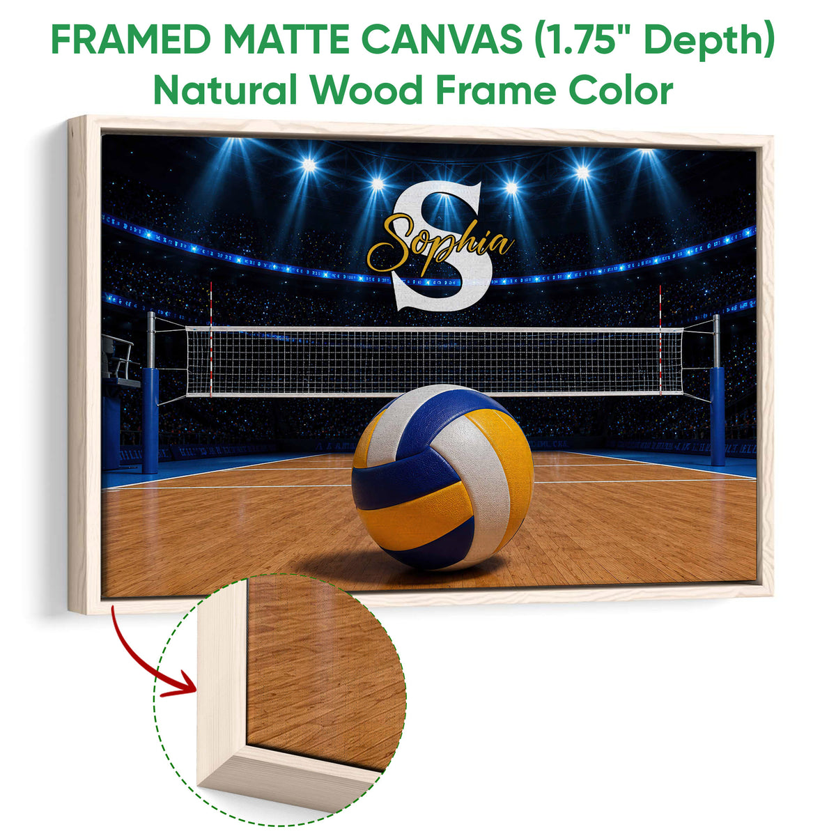 Natural wood framed volleyball wall art displayed with a close-up of the wood frame