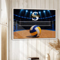 Framed volleyball wall art displayed on a light wood-paneled wall in a home setting
