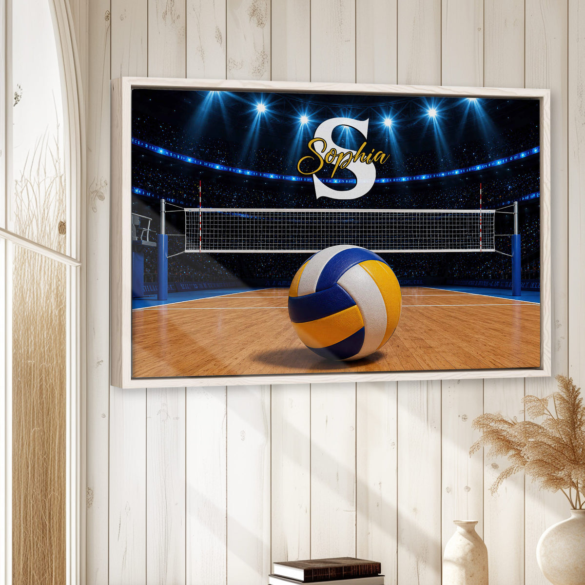 Framed volleyball wall art displayed on a light wood-paneled wall in a home setting