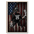 Framed lacrosse wall art featuring a goalie with a lacrosse stick against a distressed American flag design