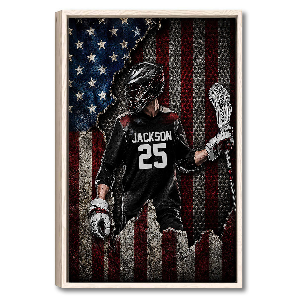 Framed lacrosse wall art featuring a goalie with a lacrosse stick against a distressed American flag design