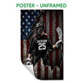 Unframed lacrosse poster featuring a helmeted player with a stick against red, white, and blue stripes