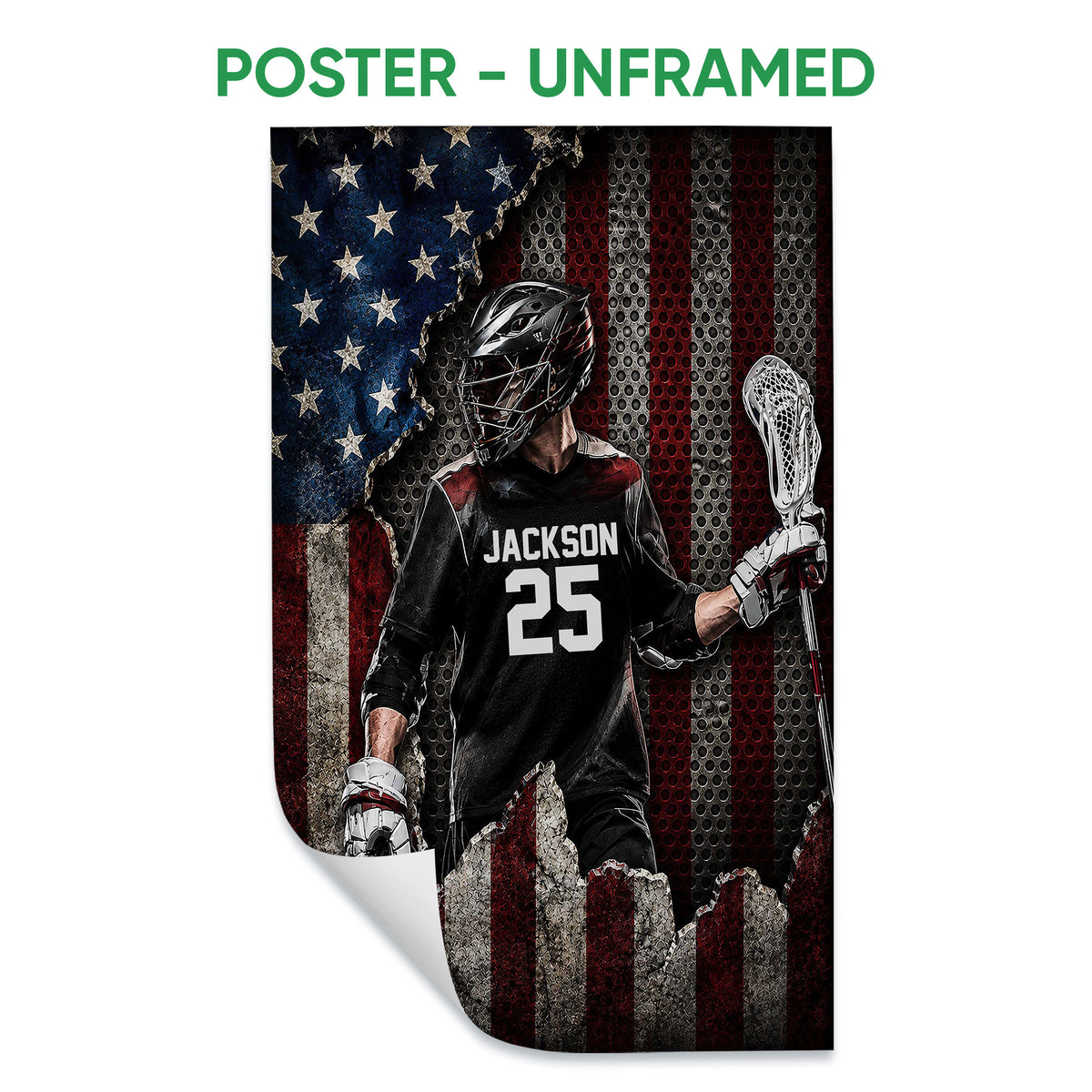 Unframed lacrosse poster featuring a helmeted player with a stick against red, white, and blue stripes