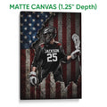 Matte canvas lacrosse wall art featuring a helmeted player and stick in a patriotic distressed design