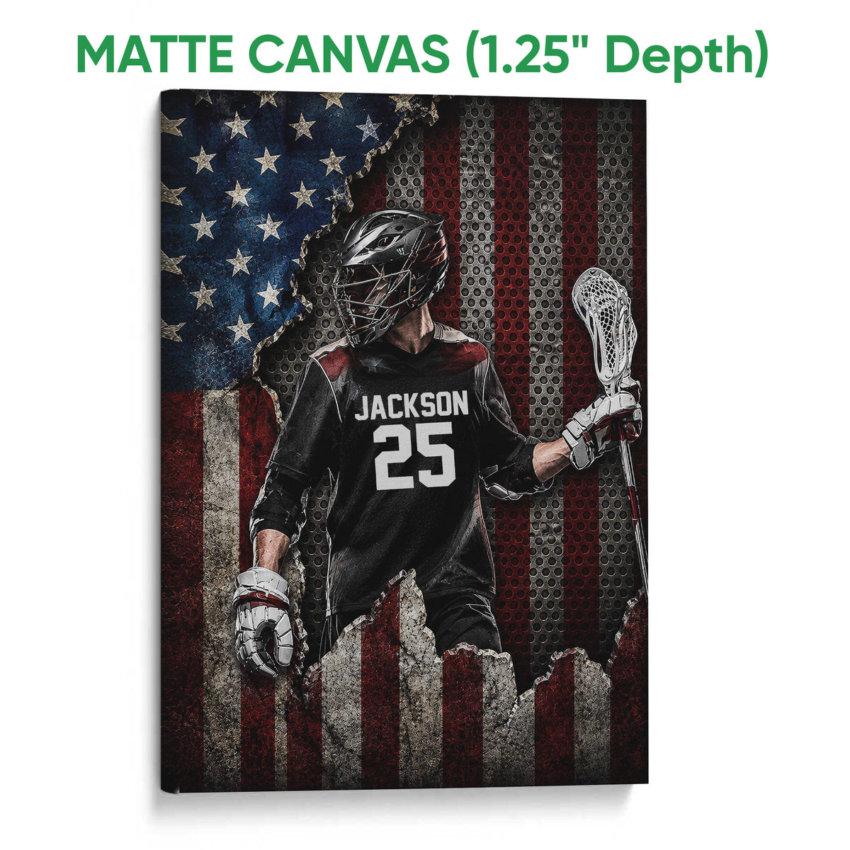Matte canvas lacrosse wall art featuring a helmeted player and stick in a patriotic distressed design