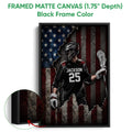 Black framed canvas lacrosse wall art showing a helmeted player with a lacrosse stick