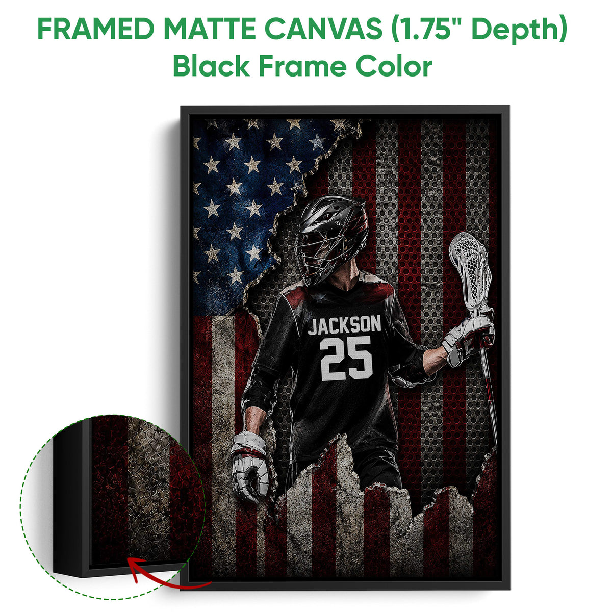 Black framed canvas lacrosse wall art showing a helmeted player with a lacrosse stick