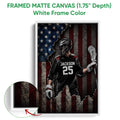 White framed canvas lacrosse wall art showing a helmeted player with a lacrosse stick
