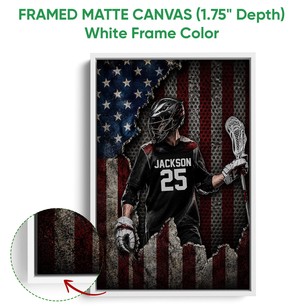 White framed canvas lacrosse wall art showing a helmeted player with a lacrosse stick