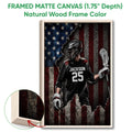 Natural wood framed canvas lacrosse wall art showing a helmeted player with a lacrosse stick