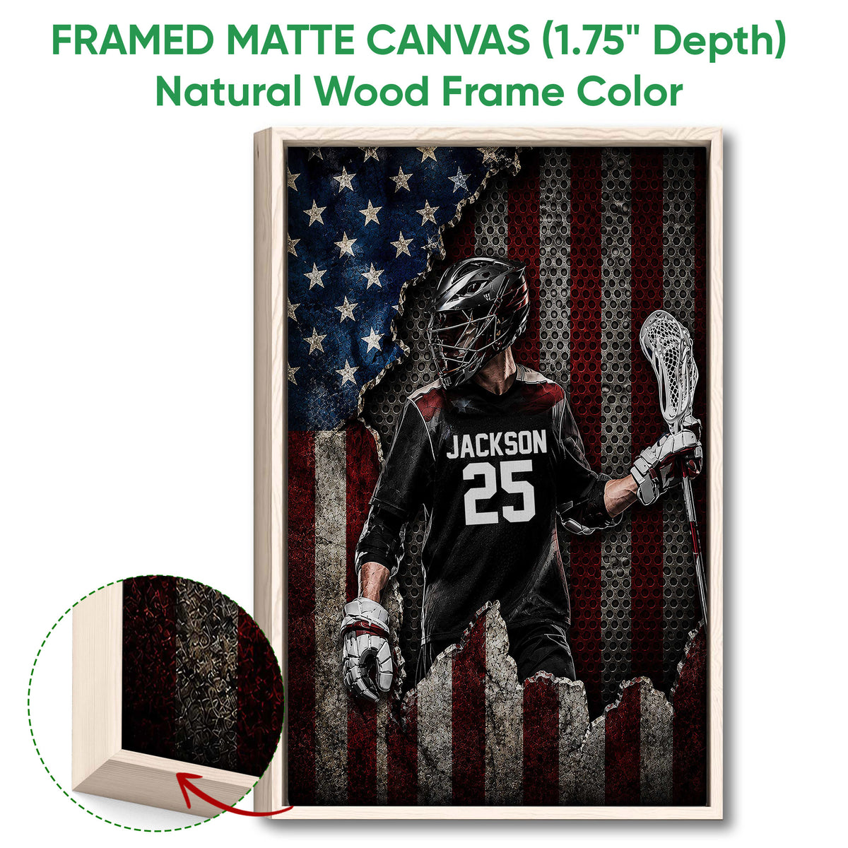 Natural wood framed canvas lacrosse wall art showing a helmeted player with a lacrosse stick