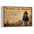 Framed cowboy wall art featuring a rider on horseback, desert scenery, cacti, and vintage Western typography