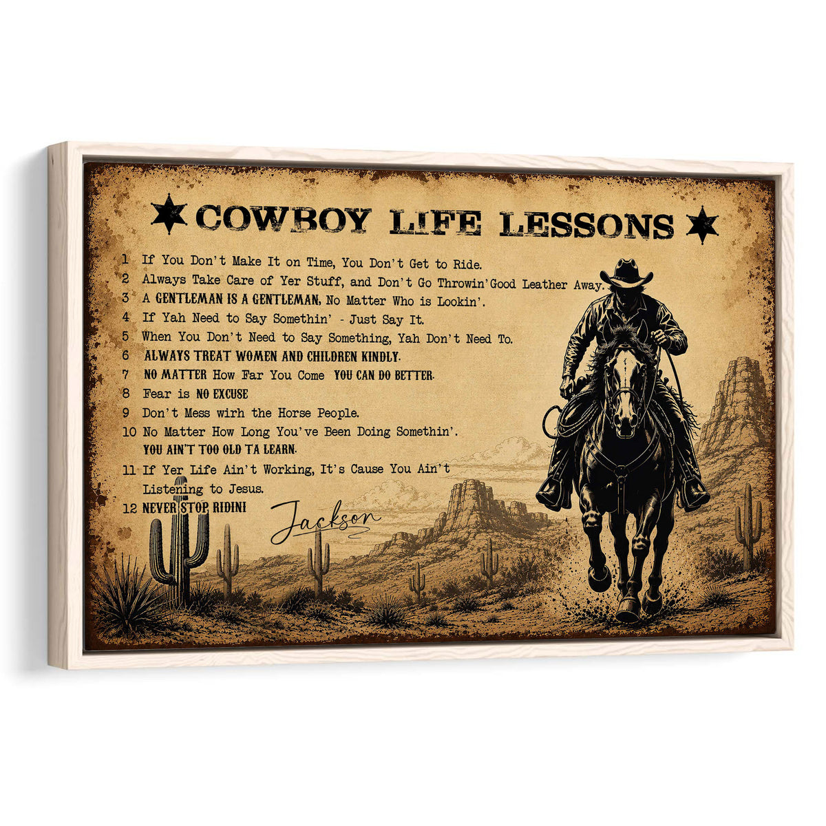 Framed cowboy wall art featuring a rider on horseback, desert scenery, cacti, and vintage Western typography