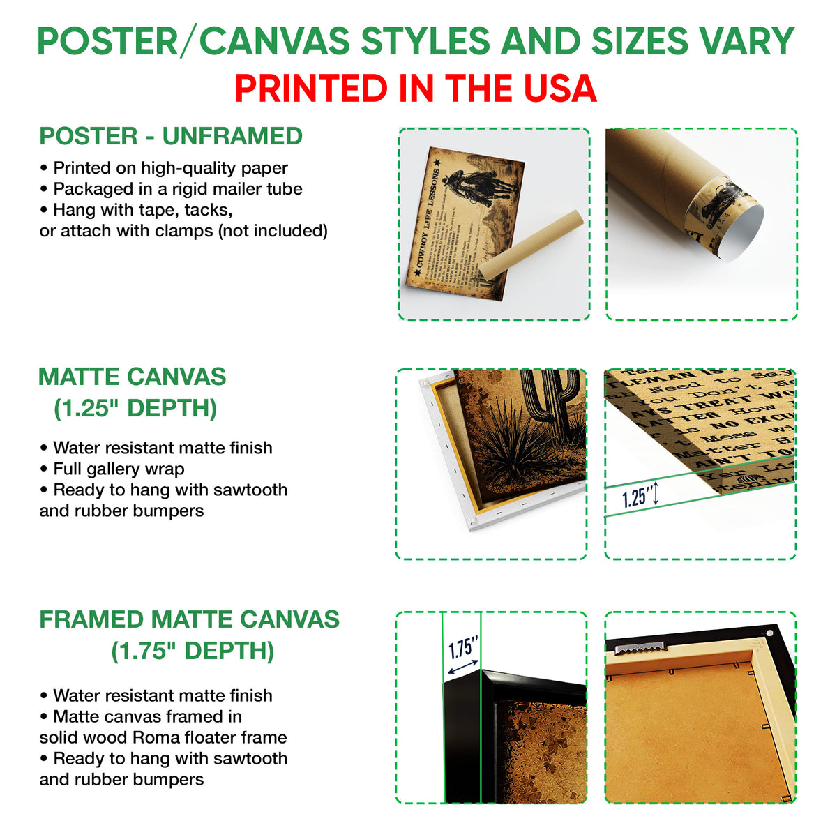 Poster and canvas wall art option guide showing unframed poster, matte canvas, and framed canvas formats