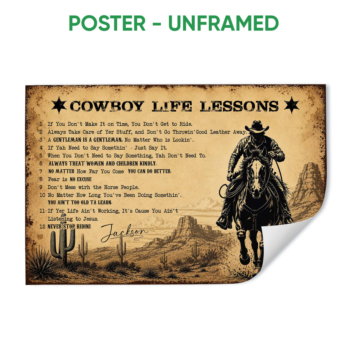 Unframed cowboy poster with horseback rider, desert landscape, cacti, stars, and vintage Western design