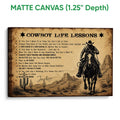 Matte canvas cowboy wall art showing a horseback rider, desert mesas, cacti, and rustic Western typography