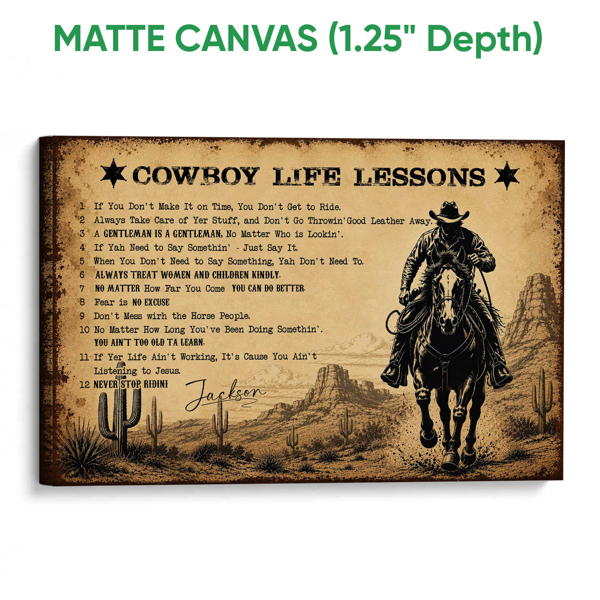 Matte canvas cowboy wall art showing a horseback rider, desert mesas, cacti, and rustic Western typography