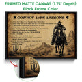 Black framed cowboy canvas wall art with a rider on horseback, desert landscape, cacti, and vintage styling