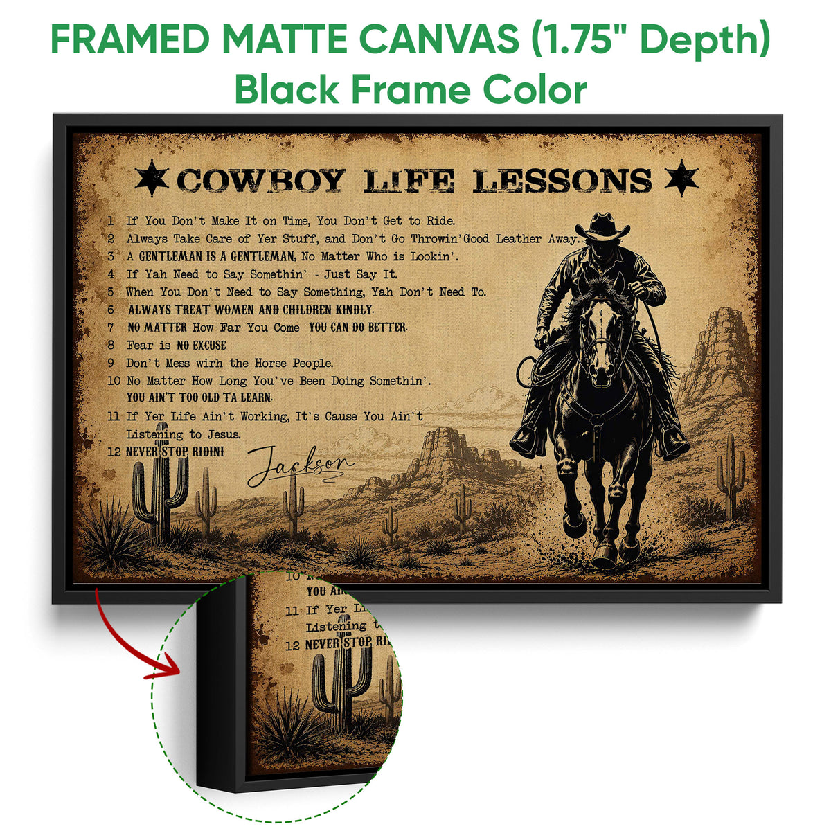 Black framed cowboy canvas wall art with a rider on horseback, desert landscape, cacti, and vintage styling