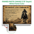 White framed cowboy canvas wall art featuring a horseback rider, desert scenery, cacti, and Western typography