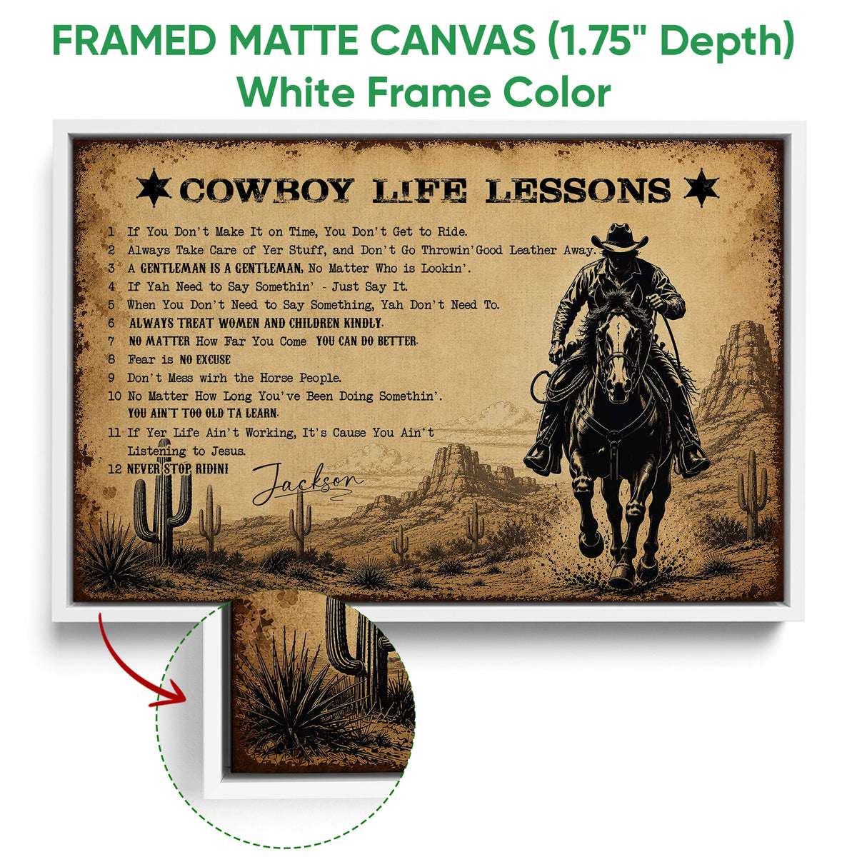 White framed cowboy canvas wall art featuring a horseback rider, desert scenery, cacti, and Western typography