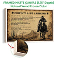 Natural wood framed cowboy wall art with a horseback rider, desert landscape, cacti, and rustic Western character