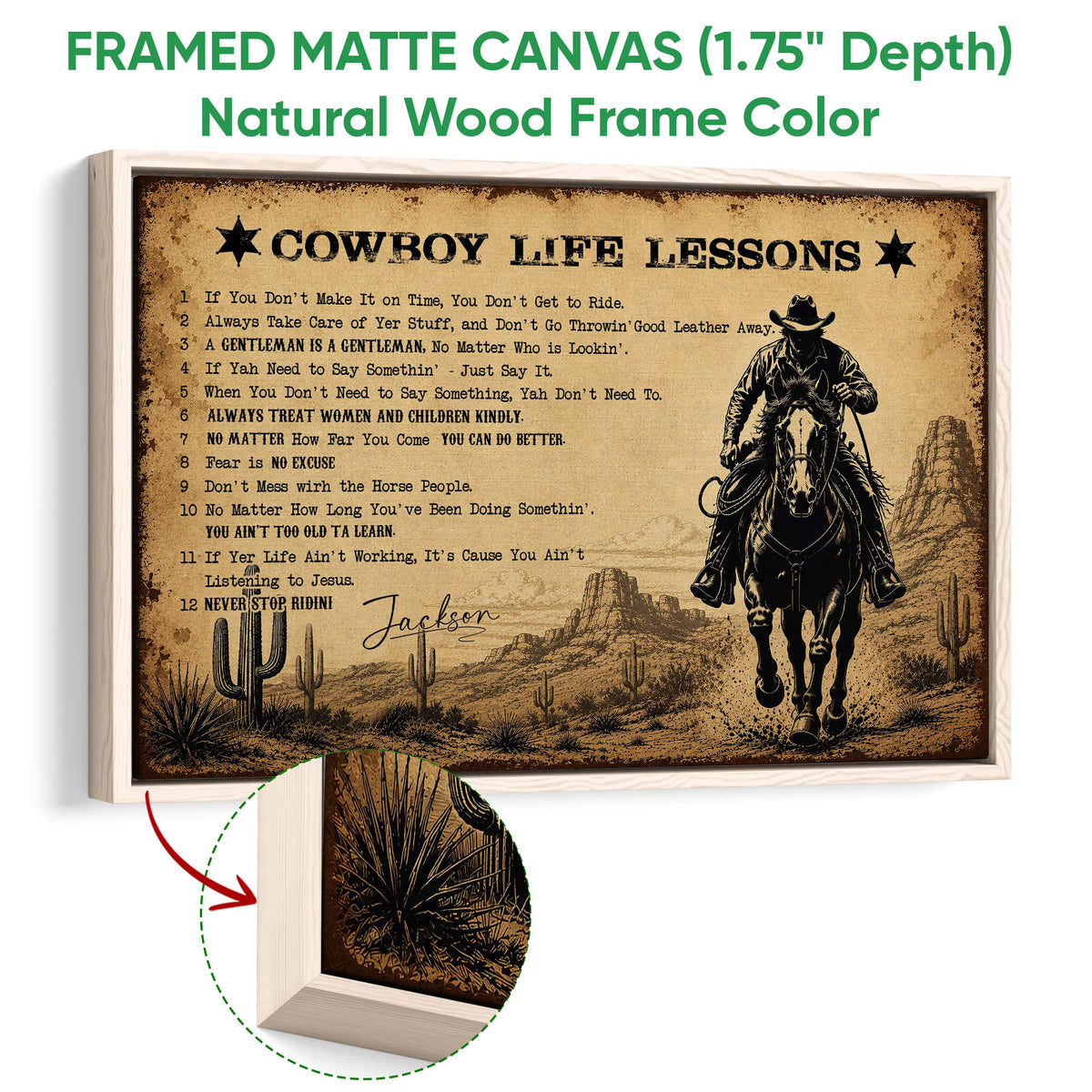 Natural wood framed cowboy wall art with a horseback rider, desert landscape, cacti, and rustic Western character