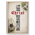 Framed soccer wall art with faith-inspired typography, vintage texture, and soccer balls in a natural wood frame