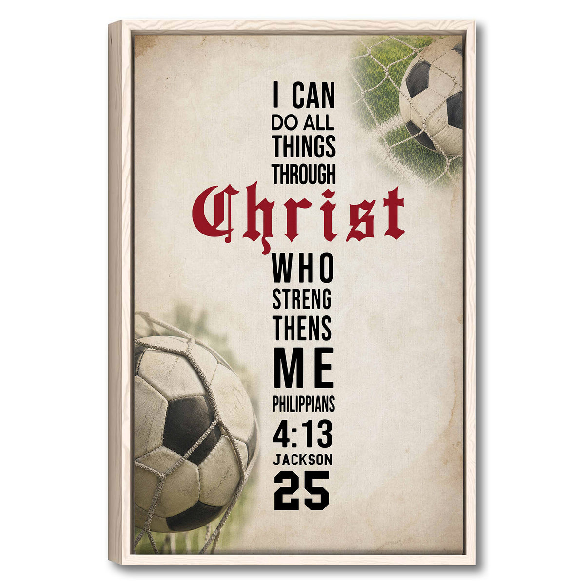 Framed soccer wall art with faith-inspired typography, vintage texture, and soccer balls in a natural wood frame