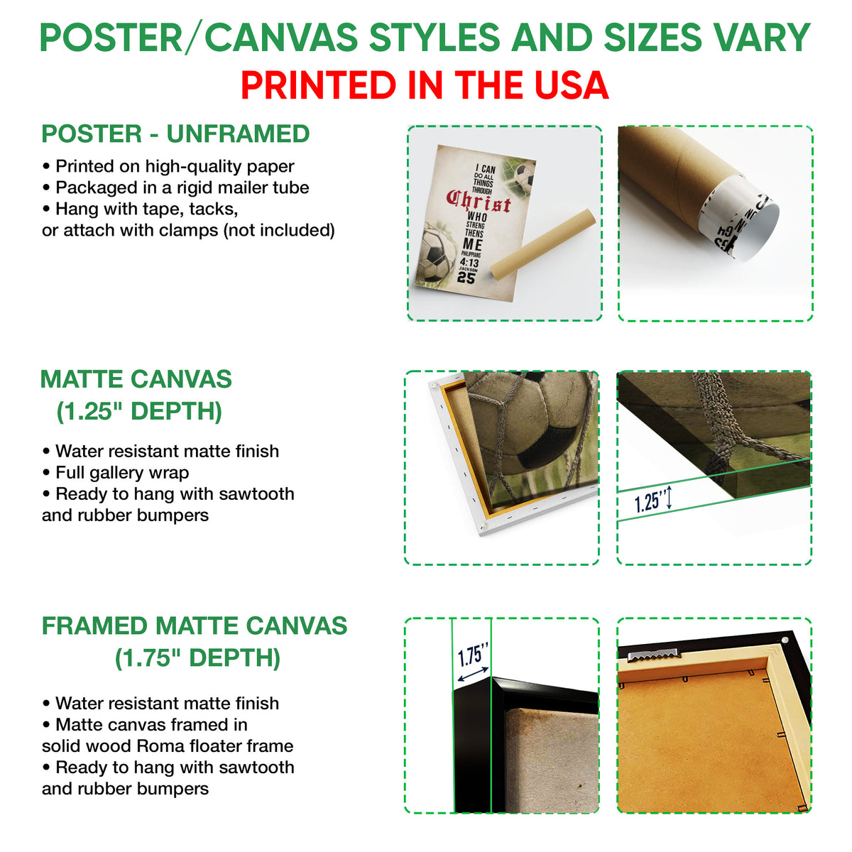 Poster and canvas wall art option guide showing unframed poster, matte canvas, and framed canvas formats