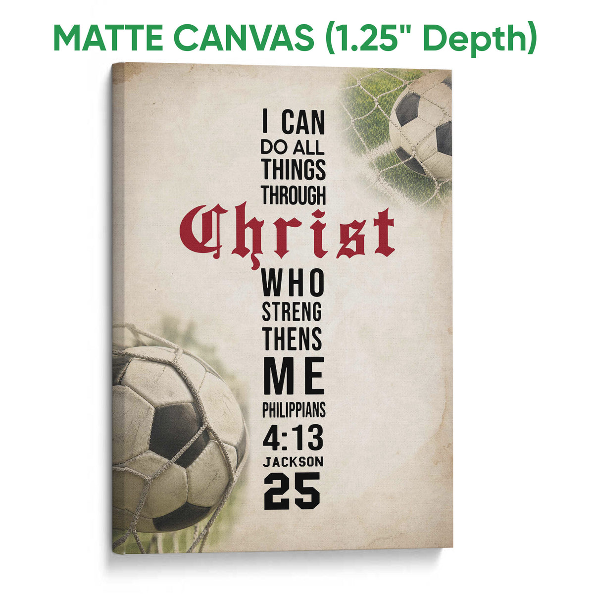 Matte canvas soccer wall art featuring inspirational scripture styling, soccer balls, and a distressed neutral design