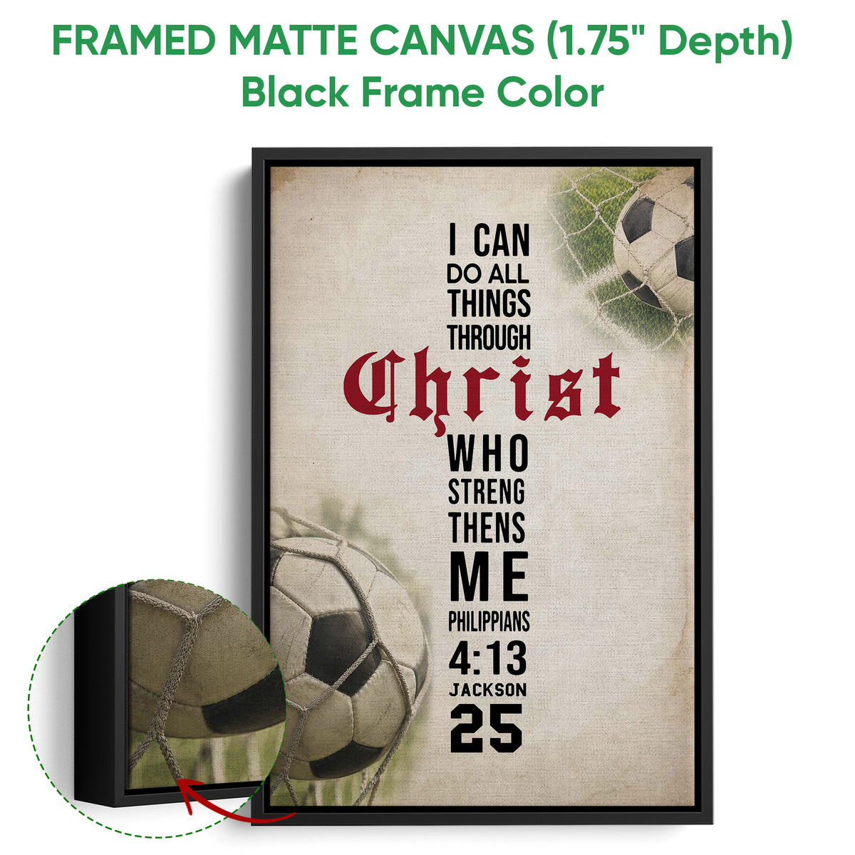 Framed soccer canvas wall art shown with a black frame and a close-up of the textured canvas surface