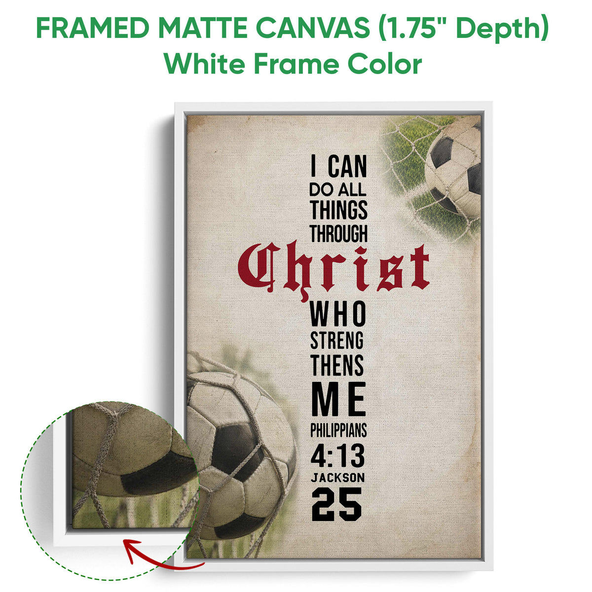Framed soccer canvas wall art shown with a white frame and a close-up of the canvas detail