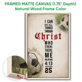 Framed soccer canvas wall art shown with a natural wood frame and close-up frame detail