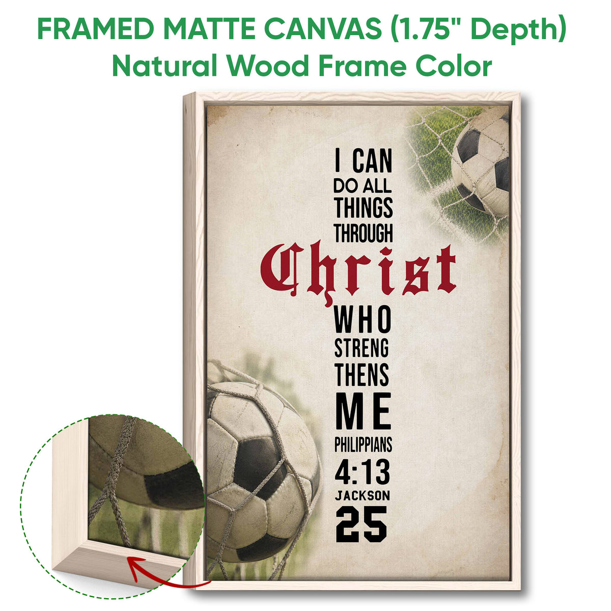 Framed soccer canvas wall art shown with a natural wood frame and close-up frame detail