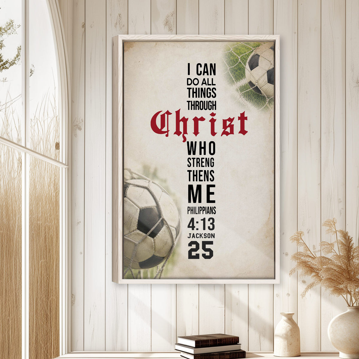 Faith-inspired soccer wall art displayed in a bright rustic room with white wood paneling and natural decor