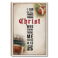 Framed football wall art with a faith-inspired message, stadium scene, and vintage brown and cream design